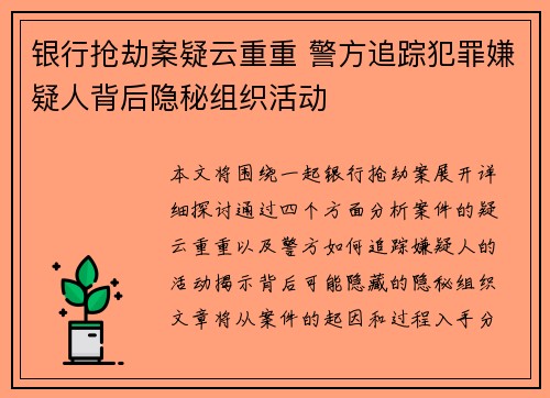 银行抢劫案疑云重重 警方追踪犯罪嫌疑人背后隐秘组织活动